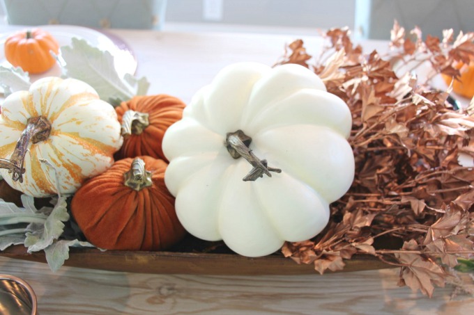 A mixture of faux pumpkins finish off this looks. www.jennelyinteriors.com