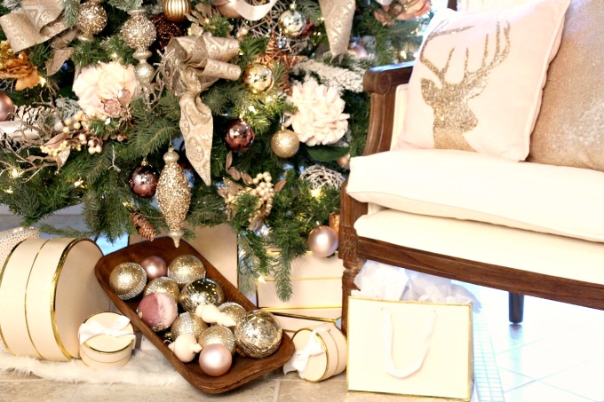Blush tree, ornaments, and blush sugar paper gifts. www.jennelyinteriors.com
