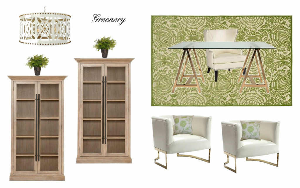 Greenery office e-design board highlighting Pantone's 2017 color of the year. www.jennelyinteriors.com